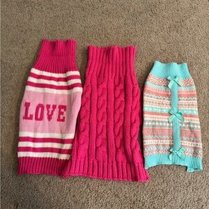 Set of Three Knitted Dog Sweaters in Pink and Teal